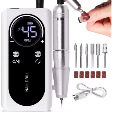 Professional 45,000 RPM portable electric nail drill, rechargeable low-noise nail file grinder for manicure salon use