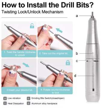 Professional 45,000 RPM portable electric nail drill, rechargeable low-noise nail file grinder for manicure salon use