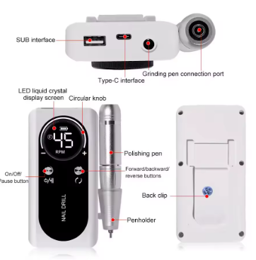 Professional 45,000 RPM portable electric nail drill, rechargeable low-noise nail file grinder for manicure salon use