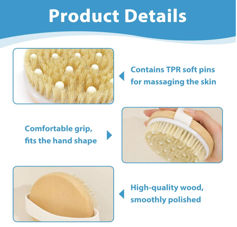 Natural Bristle Body Brush – Dry Brushing Exfoliating Massage Brush for Skin Texture & Lymphatic Drainage