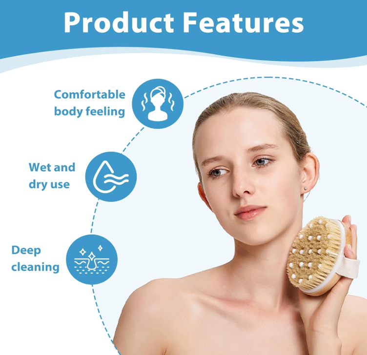 Natural Bristle Body Brush – Dry Brushing Exfoliating Massage Brush for Skin Texture & Lymphatic Drainage