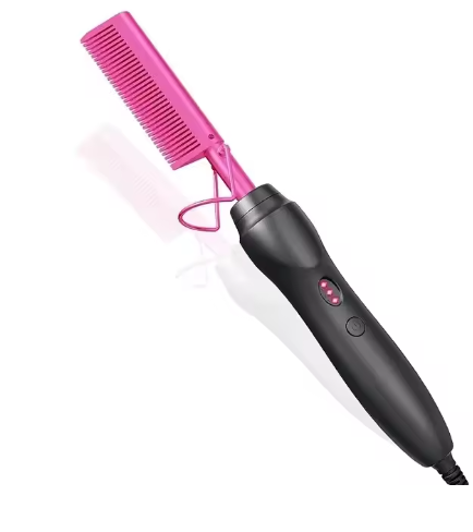 Pink hot comb, electric hot comb for heating and pressing, hair straightening iron for wigs and beards, styling tool for wet and dry hair