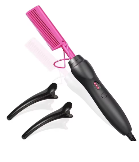 Pink hot comb, electric hot comb for heating and pressing, hair straightening iron for wigs and beards, styling tool for wet and dry hair