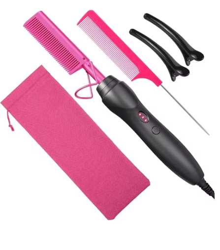 Pink hot comb, electric hot comb for heating and pressing, hair straightening iron for wigs and beards, styling tool for wet and dry hair