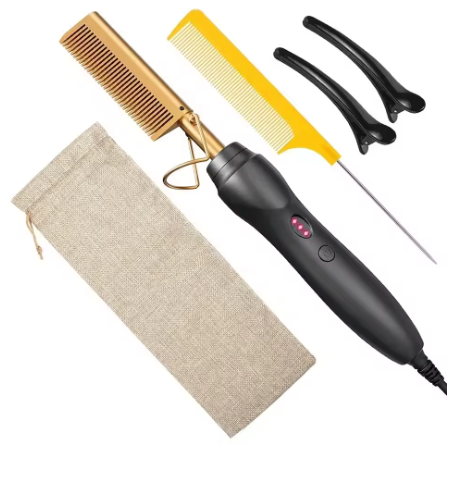 Pink hot comb, electric hot comb for heating and pressing, hair straightening iron for wigs and beards, styling tool for wet and dry hair