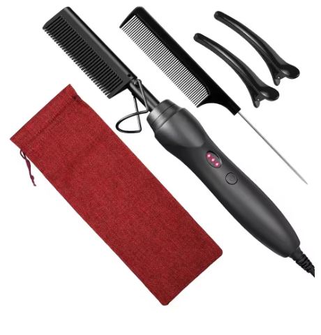 Pink hot comb, electric hot comb for heating and pressing, hair straightening iron for wigs and beards, styling tool for wet and dry hair