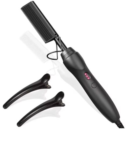 Pink hot comb, electric hot comb for heating and pressing, hair straightening iron for wigs and beards, styling tool for wet and dry hair