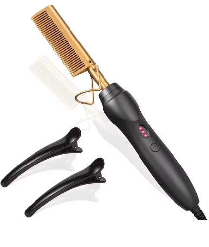 Pink hot comb, electric hot comb for heating and pressing, hair straightening iron for wigs and beards, styling tool for wet and dry hair