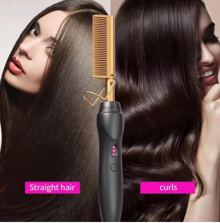 Pink hot comb, electric hot comb for heating and pressing, hair straightening iron for wigs and beards, styling tool for wet and dry hair